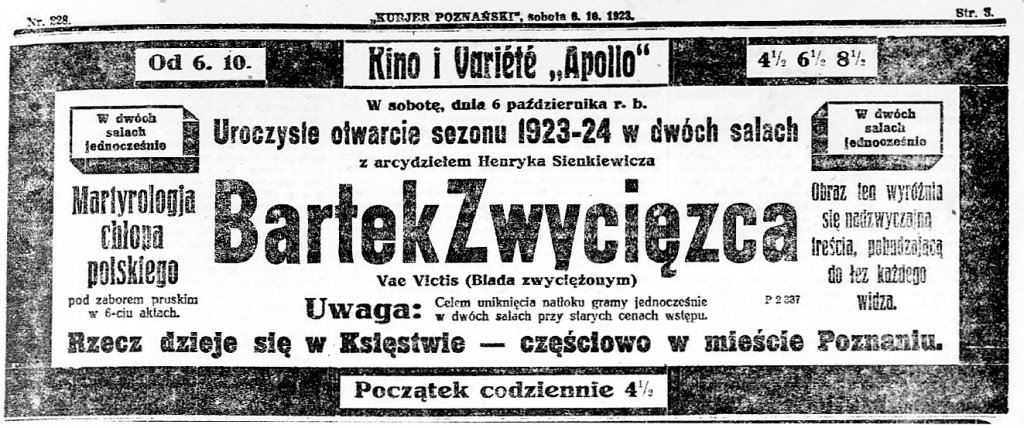9 Kurjer Poznański R.18, nr 228 (6 października 1923)) stron3 premiera w Poznaniu